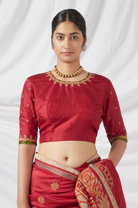 Latha Puttanna_Red Chanderi Silk Embroidery Round Neck Multi Color Paisley Blossom Saree_at_Aza_Fashions