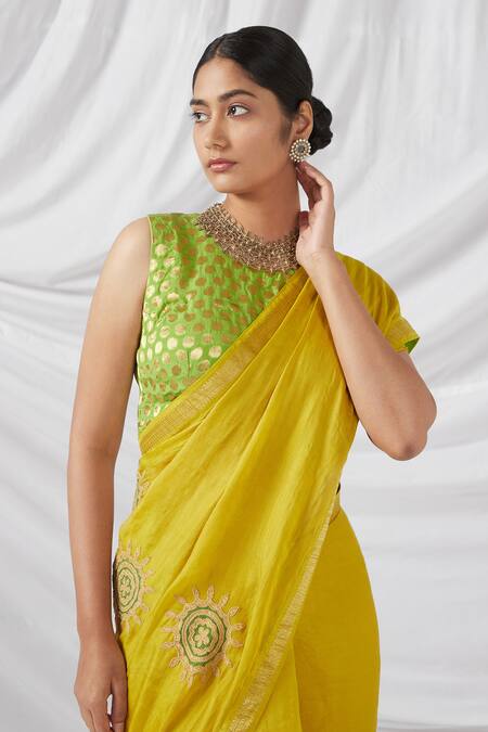 Buy_Latha Puttanna_Yellow Silk Applique, Embroidery Round Neck Padmini Bloom Saree And Butti Blouse_Online_at_Aza_Fashions
