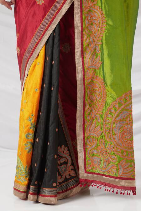 Shop_Latha Puttanna_Red Chanderi Silk Embroidery Round Neck Multi Color Paisley Blossom Saree
