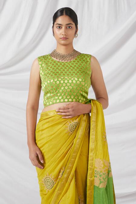Shop_Latha Puttanna_Yellow Silk Applique, Embroidery Round Neck Padmini Bloom Saree And Butti Blouse_Online_at_Aza_Fashions