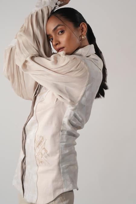 Orthodox_Pink Hemp Sequins Collared Triangle Print Designer Shirt _Online_at_Aza_Fashions