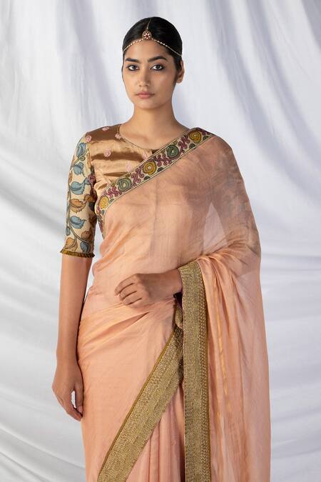 Latha Puttanna_Peach Silk, Tissue Embroidery, Diamonds Floral Kalamkari Border Saree And Blouse_Online_at_Aza_Fashions