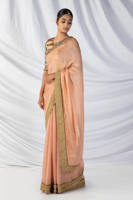 Buy_Latha Puttanna_Peach Silk, Tissue Embroidery, Diamonds Floral Kalamkari Border Saree And Blouse_Online_at_Aza_Fashions