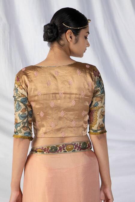 Shop_Latha Puttanna_Peach Silk, Tissue Embroidery, Diamonds Floral Kalamkari Border Saree And Blouse_Online_at_Aza_Fashions