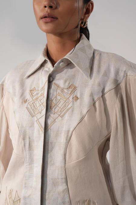 Buy_Orthodox_Pink Hemp Sequins Collared Triangle Print Designer Shirt _Online_at_Aza_Fashions
