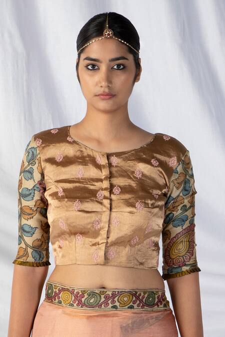 Latha Puttanna_Peach Silk, Tissue Embroidery, Diamonds Floral Kalamkari Border Saree And Blouse_at_Aza_Fashions