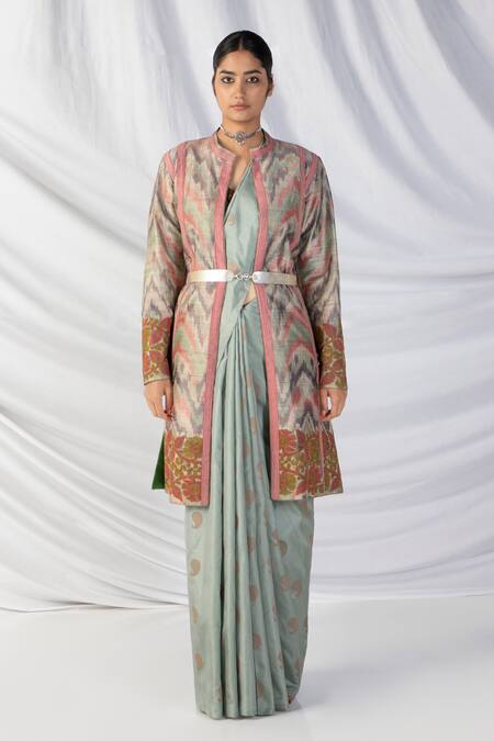 Latha Puttanna_Pink Silk Embroidery Mandarin Collar Ikkat Handwoven Full Sleeve Jacket _Online_at_Aza_Fashions