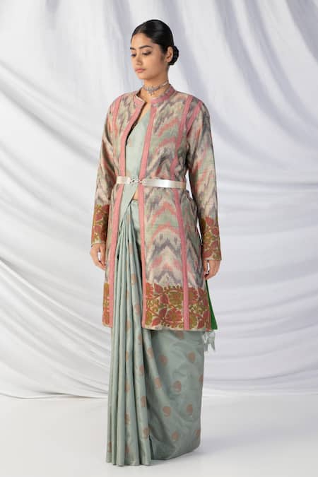 Buy_Latha Puttanna_Pink Silk Embroidery Mandarin Collar Ikkat Handwoven Full Sleeve Jacket _Online_at_Aza_Fashions