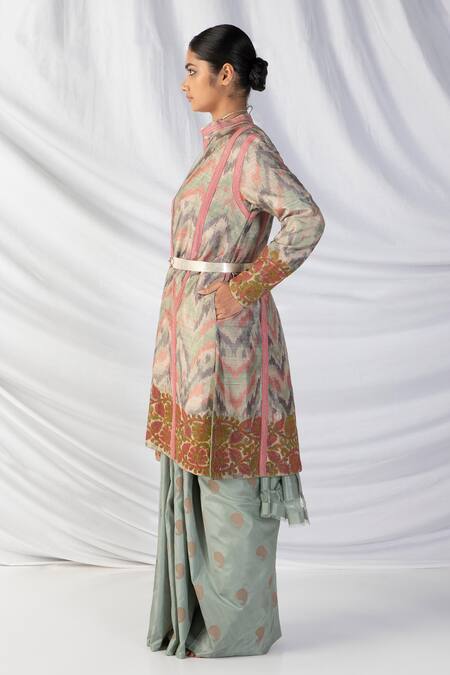 Shop_Latha Puttanna_Pink Silk Embroidery Mandarin Collar Ikkat Handwoven Full Sleeve Jacket _Online_at_Aza_Fashions