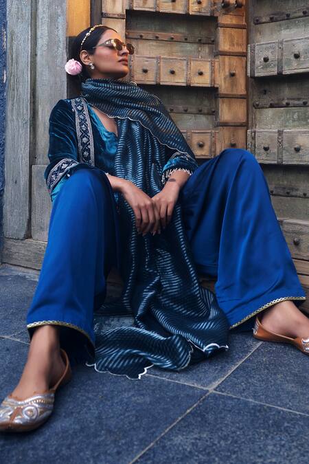 Shalkii_Blue Velvet, Cotton, Tissue Cut Work, Zari, Zardozi Embroidered Kurta Set _Online_at_Aza_Fashions