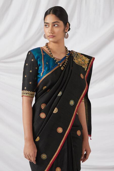 Latha Puttanna_Black Silk Embroidery, Zari Round Neck Kalamkari Print And Woven Saree Set_Online_at_Aza_Fashions