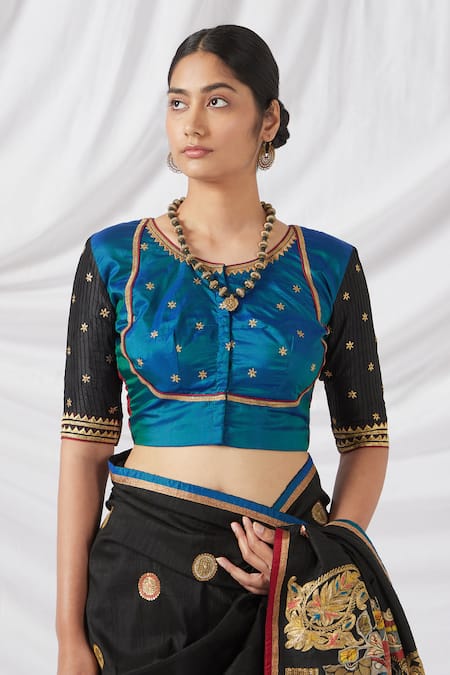 Buy_Latha Puttanna_Black Silk Embroidery, Zari Round Neck Kalamkari Print And Woven Saree Set_Online_at_Aza_Fashions