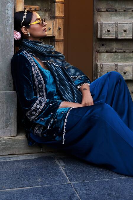Shop_Shalkii_Blue Velvet, Cotton, Tissue Cut Work, Zari, Zardozi Embroidered Kurta Set _Online_at_Aza_Fashions