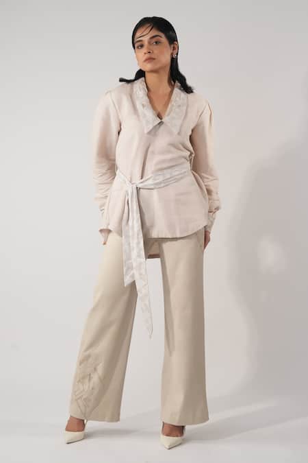 Orthodox Pink Hemp Embroidery Collared Pointed Shirt Tunic Online at Aza Fashions Orthodox_Pink Hemp Embroidery Collared Pointed Shirt Tunic _Online_at_Aza_Fashions