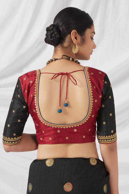 Shop_Latha Puttanna_Black Silk Embroidery, Zari Round Neck Kalamkari Print And Woven Saree Set_Online_at_Aza_Fashions