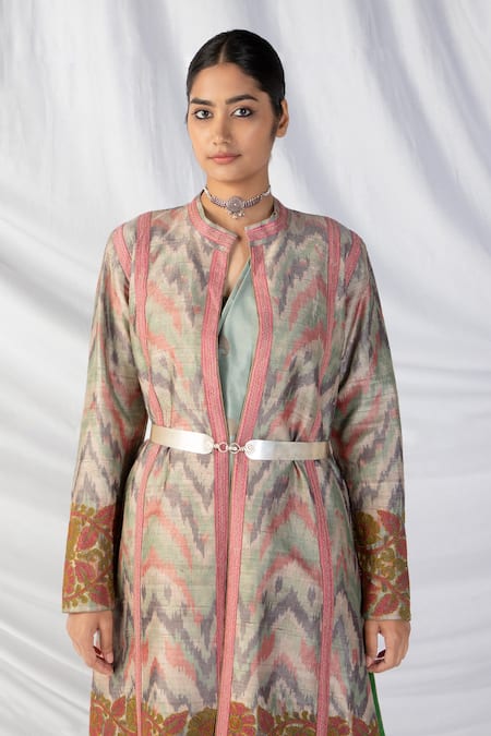 Latha Puttanna_Pink Silk Embroidery Mandarin Collar Ikkat Handwoven Full Sleeve Jacket _at_Aza_Fashions
