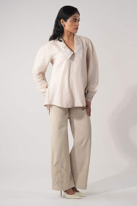 Shop Orthodox Pink Hemp Embroidery Collared Pointed Shirt Tunic Online at Aza Fashions Shop_Orthodox_Pink Hemp Embroidery Collared Pointed Shirt Tunic _Online_at_Aza_Fashions