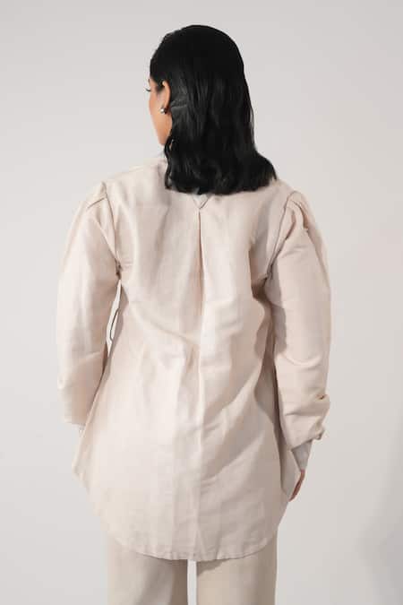 Shop Orthodox Pink Hemp Embroidery Collared Pointed Shirt Tunic at Aza Fashions Shop_Orthodox_Pink Hemp Embroidery Collared Pointed Shirt Tunic _at_Aza_Fashions