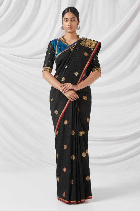 Latha Puttanna_Black Silk Embroidery, Zari Round Neck Kalamkari Print And Woven Saree Set_at_Aza_Fashions