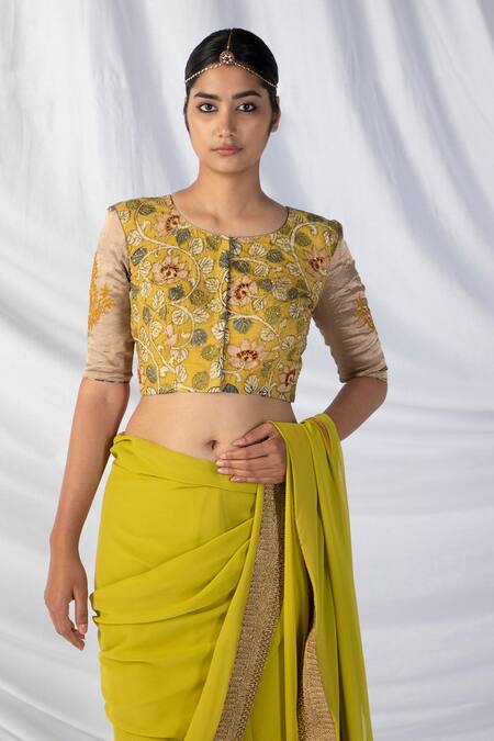 Latha Puttanna_Green Silk, Tissue Diamonds, Embroidery, Zari Round Floral Dori Border Saree Set_Online_at_Aza_Fashions