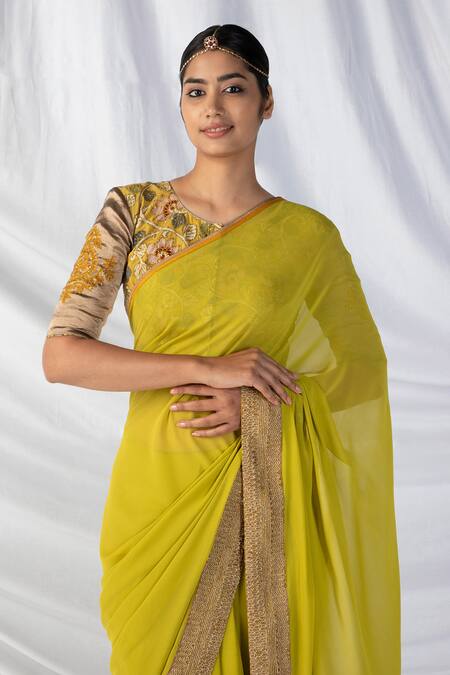 Buy_Latha Puttanna_Green Silk, Tissue Diamonds, Embroidery, Zari Round Floral Dori Border Saree Set_Online_at_Aza_Fashions