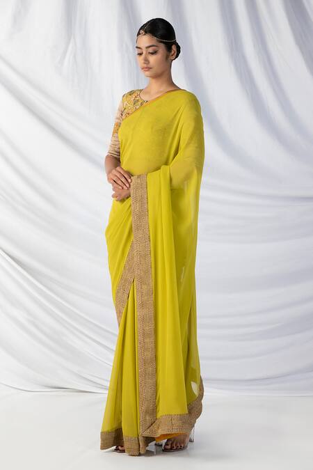 Shop_Latha Puttanna_Green Silk, Tissue Diamonds, Embroidery, Zari Round Floral Dori Border Saree Set_Online_at_Aza_Fashions