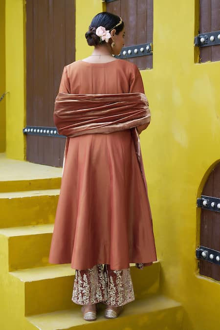 Shalkii Embroidered Orange Anarkali Pant Set 