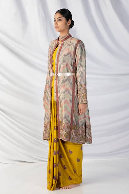 Latha Puttanna Pink Silk Embroidery Mandarin Collar Ikkat Wave Handwoven Jacket Online at Aza Fashions Latha Puttanna_Pink Silk Embroidery Mandarin Collar Ikkat Wave Handwoven Jacket _Online_at_Aza_Fashions