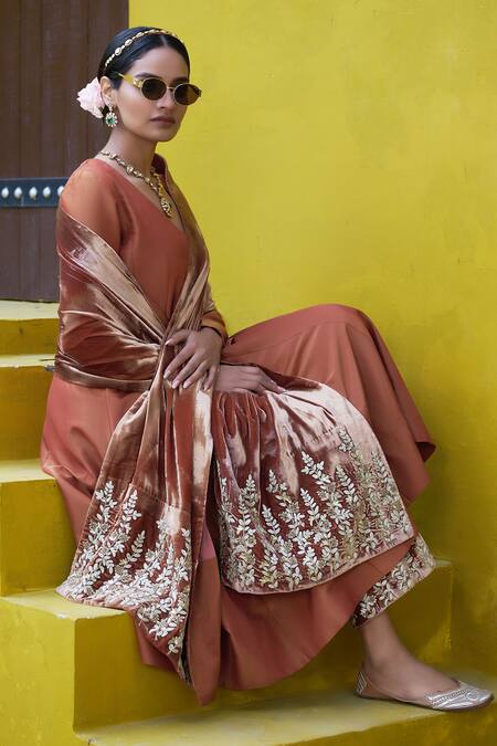 Buy_Shalkii_Orange Velvet, Tissue Zari, Sequins V-neck Embroidered Anarkali Pant Set 