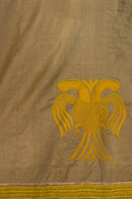 Latha Puttanna_Gold Tussar, Wool Embroidery Round Neck Gandberunda Temple Border Saree Set_at_Aza_Fashions