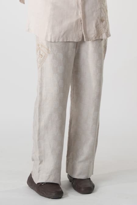 Orthodox_White Hemp Embroidery Leaf Print Casual Trouser _Online_at_Aza_Fashions