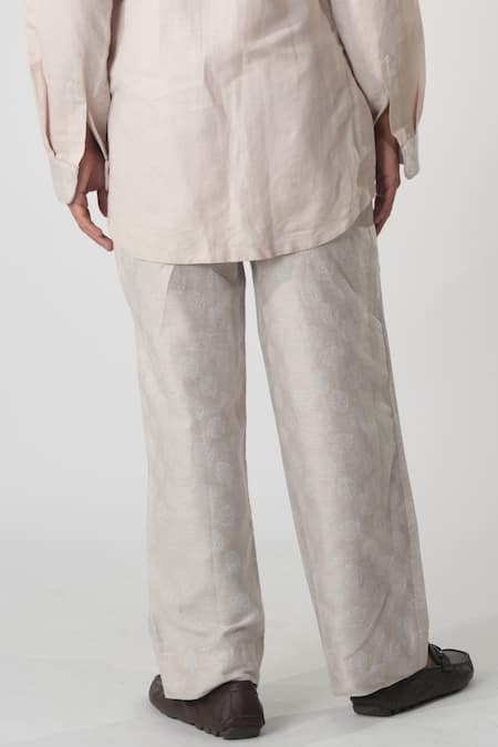 Buy_Orthodox_White Hemp Embroidery Leaf Print Casual Trouser _Online_at_Aza_Fashions
