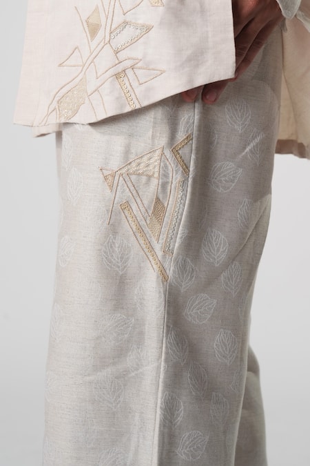Shop_Orthodox_White Hemp Embroidery Leaf Print Casual Trouser _Online_at_Aza_Fashions
