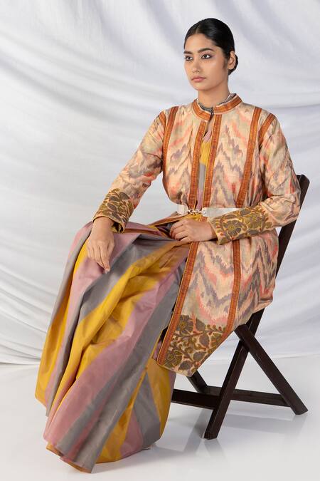 Buy_Latha Puttanna_Orange Silk, Cotton Embroidery Mandarin Collar Handwoven Ikkat Design Jacket _Online_at_Aza_Fashions