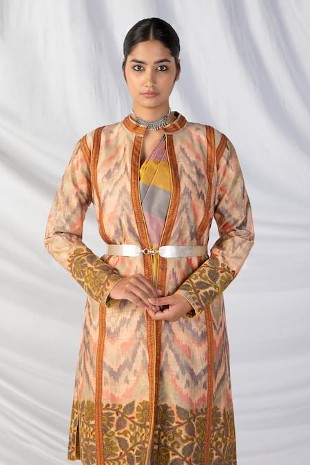 Shop_Latha Puttanna_Orange Silk, Cotton Embroidery Mandarin Collar Handwoven Ikkat Design Jacket _Online_at_Aza_Fashions