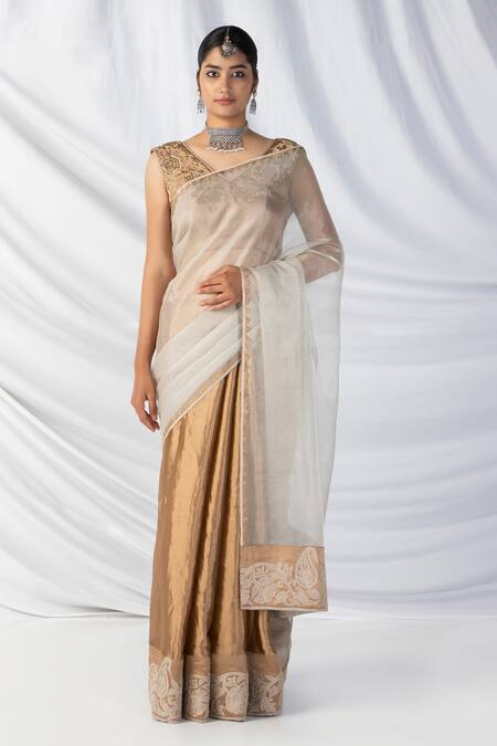 Buy_Latha Puttanna_Gold Silk Organza, Kota Doria Zari, Pearls Paisley Applique Border Saree Set_Online_at_Aza_Fashions
