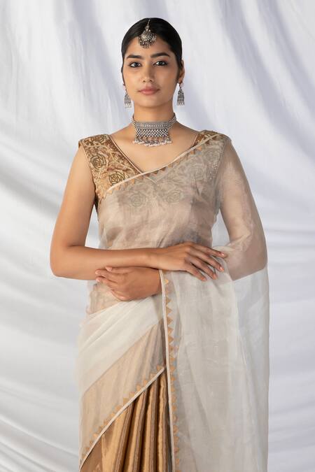 Shop_Latha Puttanna_Gold Silk Organza, Kota Doria Zari, Pearls Paisley Applique Border Saree Set_Online_at_Aza_Fashions