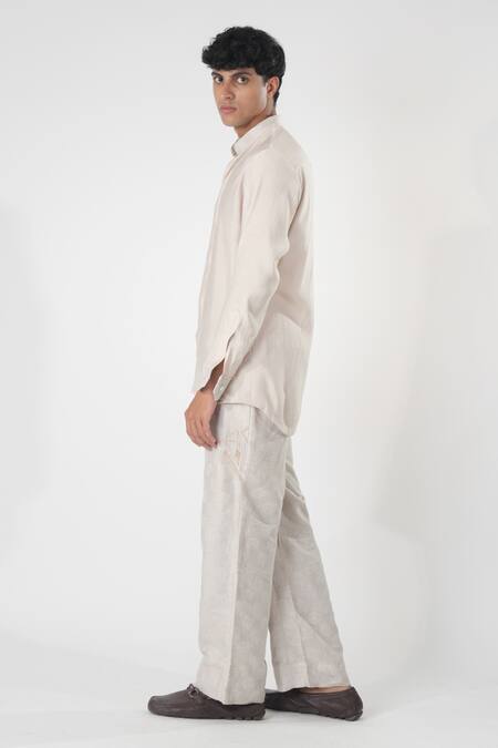Orthodox_White Hemp Embroidery Leaf Motif Mandarin Collar Shirt_Online_at_Aza_Fashions