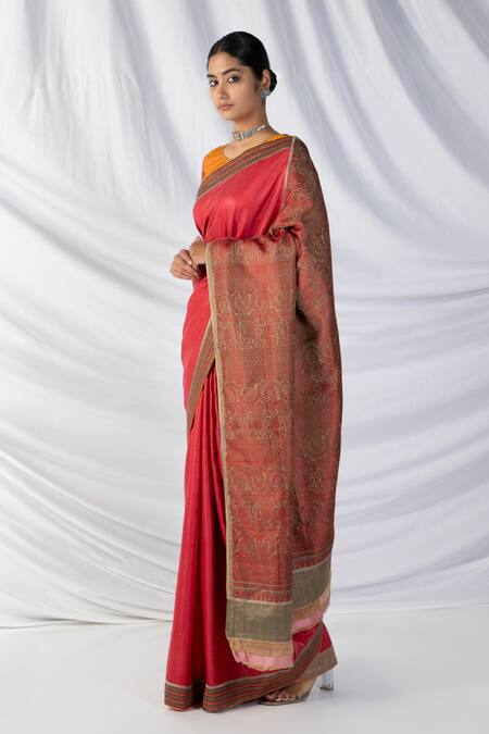 Latha Puttanna Pink Tussar, Wool Embroidery Round Neck Temple Woven Border Saree And Blouse Online at Aza Fashions Latha Puttanna_Pink Tussar, Wool Embroidery Round Neck Temple Woven Border Saree And Blouse_Online_at_Aza_Fashions