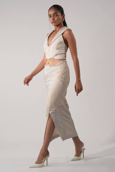 Orthodox_Beige Hemp Embroidery Halter Neck Crop Top _Online_at_Aza_Fashions