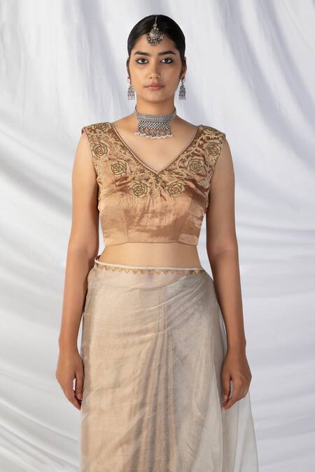 Latha Puttanna_Gold Silk Organza, Kota Doria Zari, Pearls Paisley Applique Border Saree Set_at_Aza_Fashions