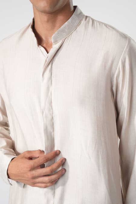 Shop_Orthodox_White Hemp Embroidery Leaf Motif Mandarin Collar Shirt_Online_at_Aza_Fashions