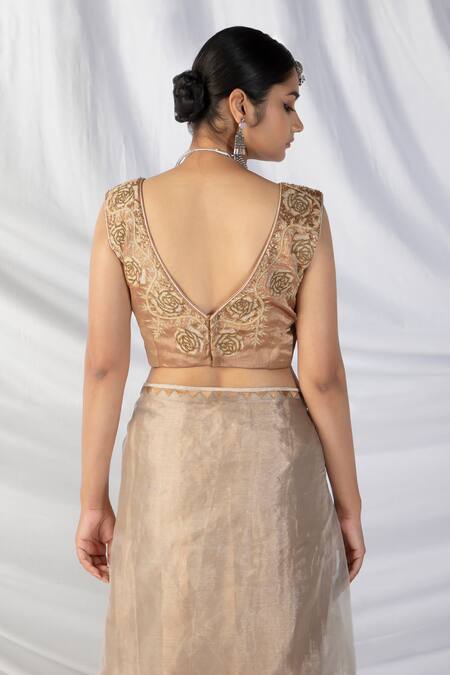 Buy_Latha Puttanna_Gold Silk Organza, Kota Doria Zari, Pearls Paisley Applique Border Saree Set