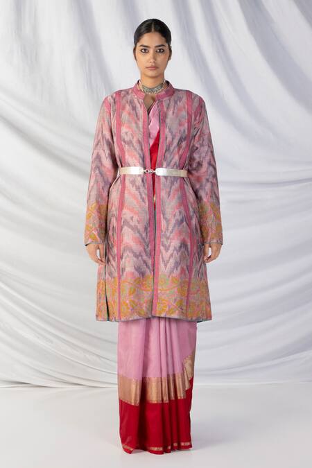 Latha Puttanna Pink Silk Embroidery Mandarin Collar Handwoven Ikkat Wave Design Jacket Online at Aza Fashions Latha Puttanna_Pink Silk Embroidery Mandarin Collar Handwoven Ikkat Wave Design Jacket _Online_at_Aza_Fashions