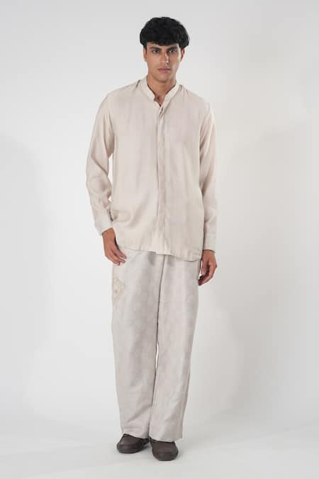 Orthodox_White Hemp Embroidery Leaf Motif Mandarin Collar Shirt_at_Aza_Fashions