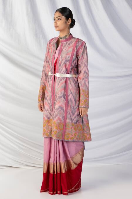 Buy Latha Puttanna Pink Silk Embroidery Mandarin Collar Handwoven Ikkat Wave Design Jacket Online at Aza Fashions Buy_Latha Puttanna_Pink Silk Embroidery Mandarin Collar Handwoven Ikkat Wave Design Jacket _Online_at_Aza_Fashions
