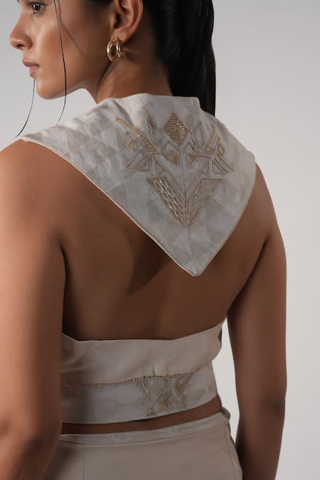Shop_Orthodox_Beige Hemp Embroidery Halter Neck Crop Top _at_Aza_Fashions