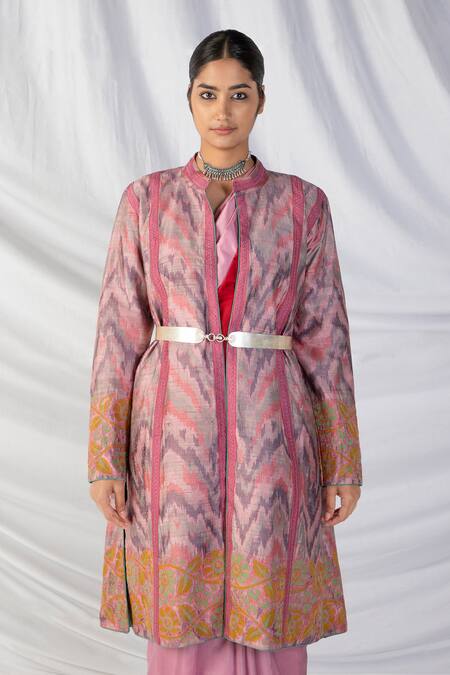 Shop Latha Puttanna Pink Silk Embroidery Mandarin Collar Handwoven Ikkat Wave Design Jacket Online at Aza Fashions Shop_Latha Puttanna_Pink Silk Embroidery Mandarin Collar Handwoven Ikkat Wave Design Jacket _Online_at_Aza_Fashions