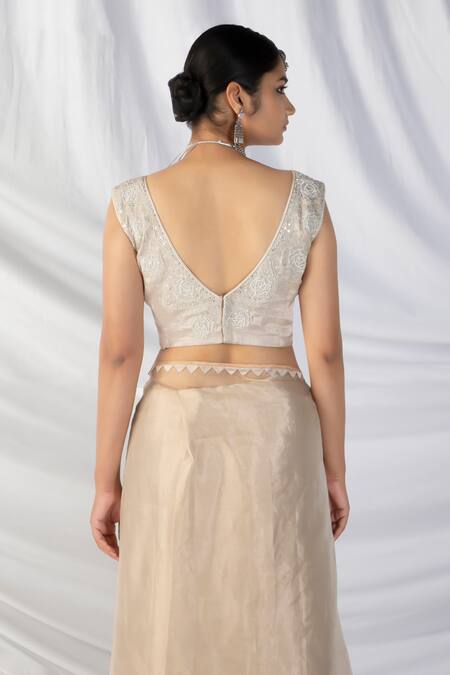 Latha Puttanna_Gold Silk Organza, Kota Doria Pearls, Paisley Bloom Applique Border Saree Set_Online_at_Aza_Fashions