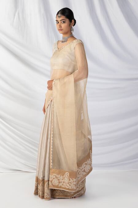 Buy_Latha Puttanna_Gold Silk Organza, Kota Doria Pearls, Paisley Bloom Applique Border Saree Set_Online_at_Aza_Fashions
